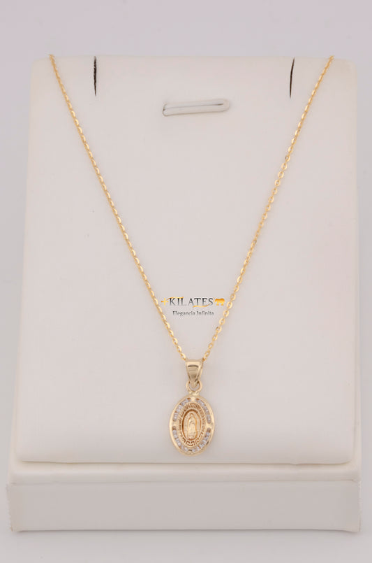 " CADENA PARA DAMA  DE 50CM ESTILO CUADRADA SOLIDA CON DIJE  OVALADO DE LA VIRGEN. ORO 10K #775-3772"