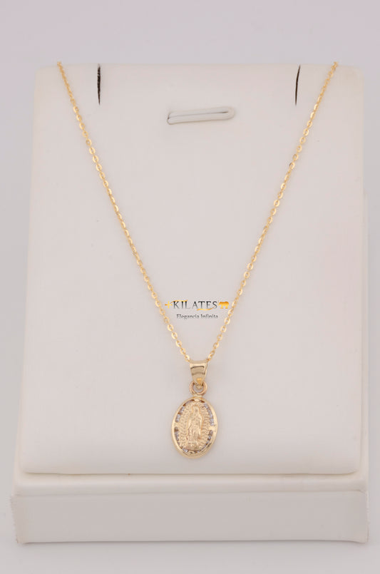 " CADENA PARA DAMA  DE 50CM ESTILO CUADRADA SOLIDA CON DIJE  OVALADO DE LA VIRGEN. ORO 10K #775-3773"