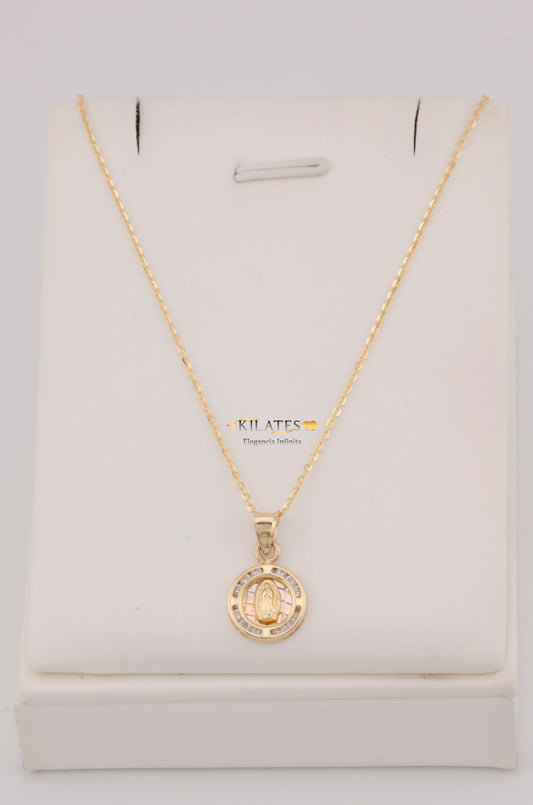 " CADENA PARA DAMA  DE 50CM ESTILO CUADRADA SOLIDA CON DIJE REDONDO  DE LA VIRGEN. ORO 10K #775-3774"