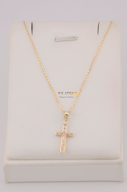 " CADENA PARA DAMA DE 50CM ESTILO CUADRADA SOLIDA CON DIJE DE CRUZ CON JESUCRISTO. ORO 10K #775-3776"