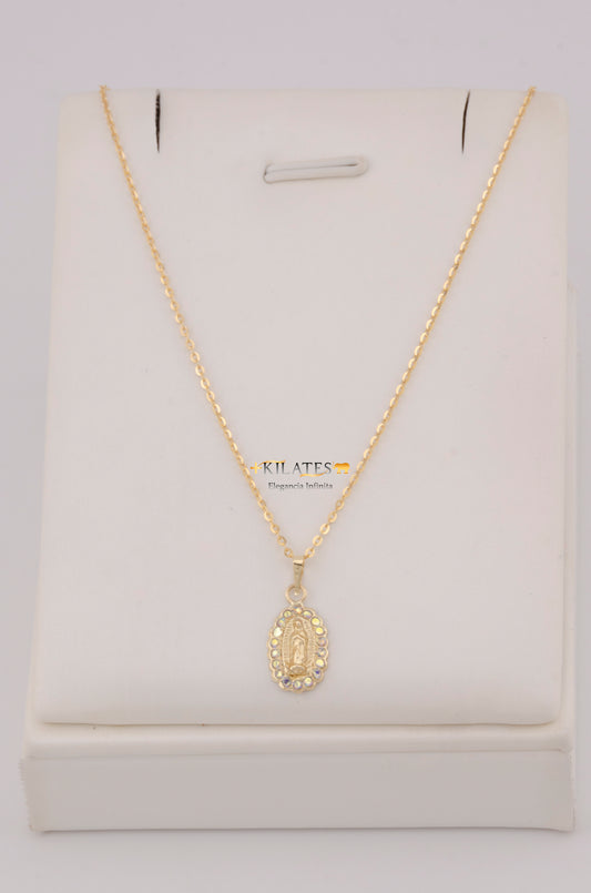 " CADENA PARA DAMA  DE 50CM ESTILO CUADRADA SOLIDA CON  DIJE DE LA VIRGEN CON ZIRCONIA TORNASOL. ORO 10K #775-3775"