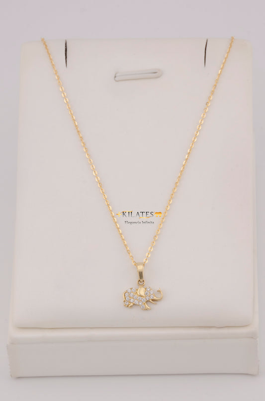 " CADENA PARA DAMA  DE 50CM ESTILO CUADRADA SOLIDA CON DIJE DE ELEFANTE CON ZIRCONIA BLANCA. ORO 10K #775-3792"