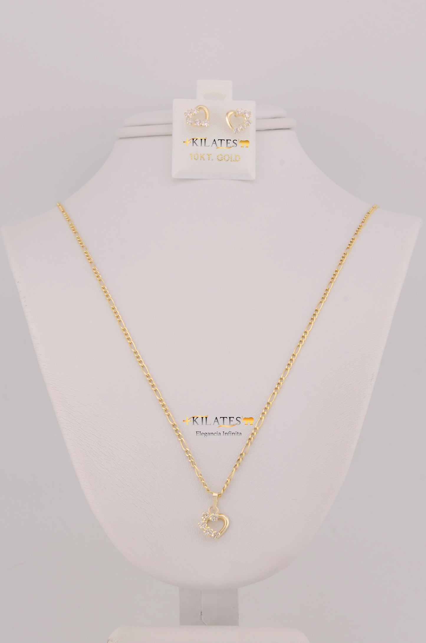 "SET DE CADENA ESTILO 3+1 DE 50CM PARA DAMA  CON DIJE Y ARETES DE CORAZON CON  ZIRCONIA BLANCA. ORO 10K #775-3815"