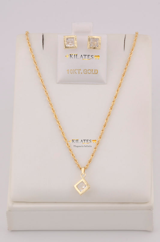 "SET DE CADENA ESTILO LAZO DE 50CM PARA DAMA  CON DIJE Y ARETES DE  CUADRADO CON ZIRCONIA BLANCA. ORO 10K #775-3800"