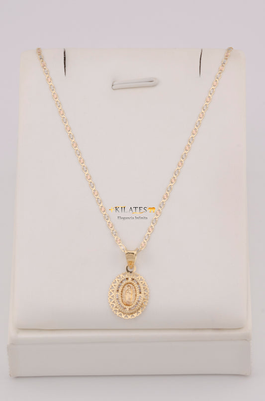 "CADENA PARA DAMA ESTILO 3 OROS CON PLACA DE LA VIRGEN. ORO 10K #775-3801"