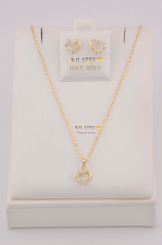 "SET DE CADENA ESTILO CUADRADA SOLIDA DE 50CM PARA DAMA  CON DIJE Y ARETES DE CORAZON CON  ZIRCONIA BLANCA. ORO 10K #775-3811"