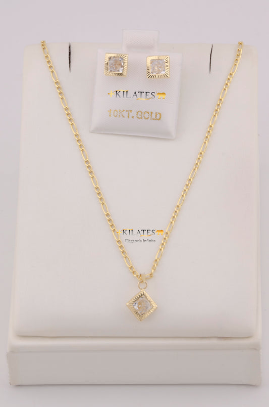 "SET DE CADENA ESTILO 3+1 DE 50CM PARA DAMA CON DIJE Y ARETES DE CUADRADO CON ZIRCONIA BLANCA. ORO 10K #775-3814"