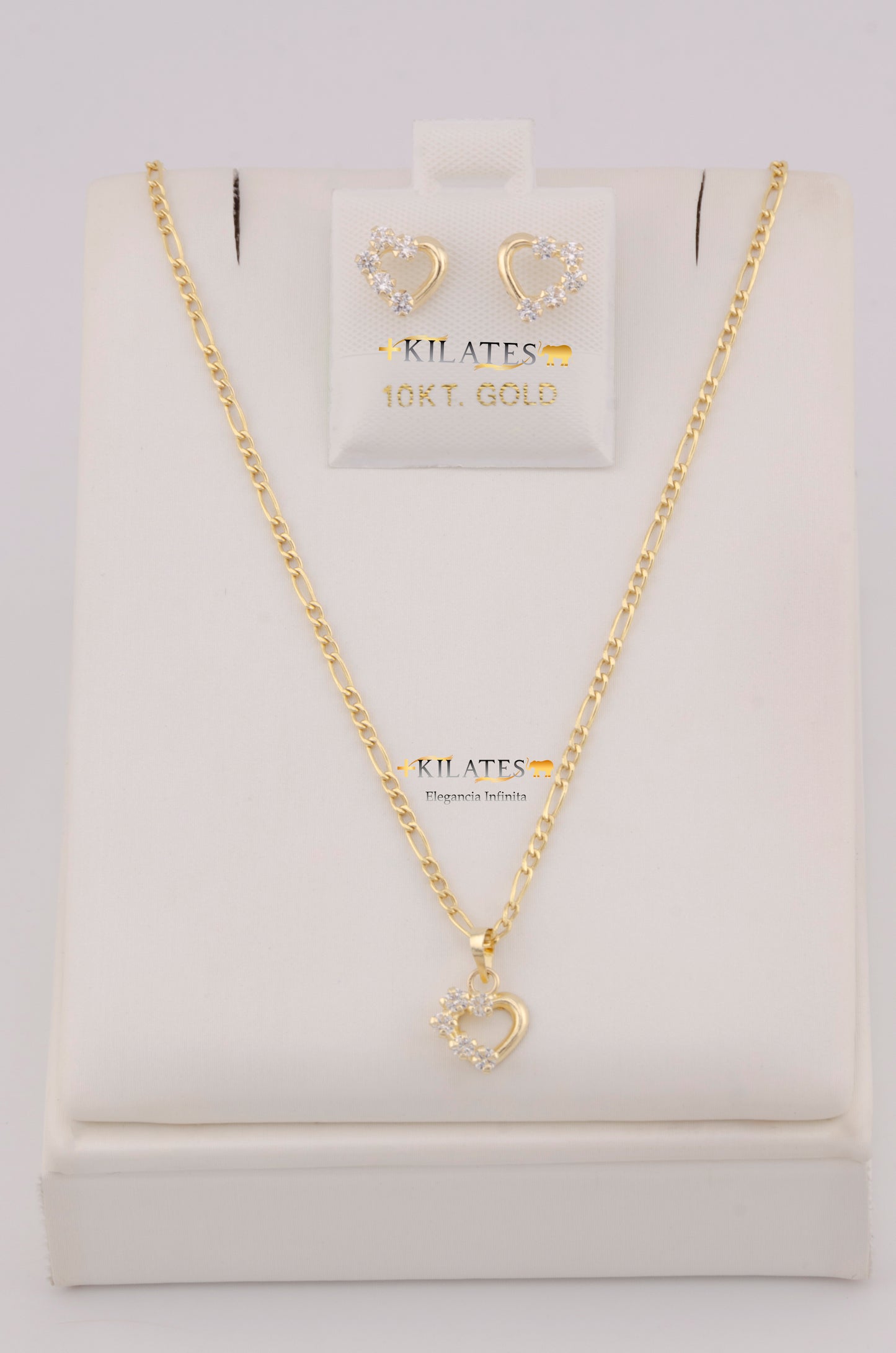 "SET DE CADENA ESTILO 3+1 DE 50CM PARA DAMA  CON DIJE Y ARETES DE CORAZON CON  ZIRCONIA BLANCA. ORO 10K #775-3815"