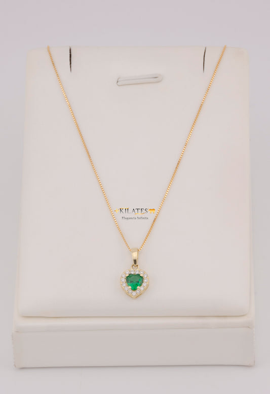 "CADENA DE 50CM PARA DAMA ESTILO FINITA CON DIJE DE CORAZON  BLANCO CON VERDE. ORO 10K #775-3827"