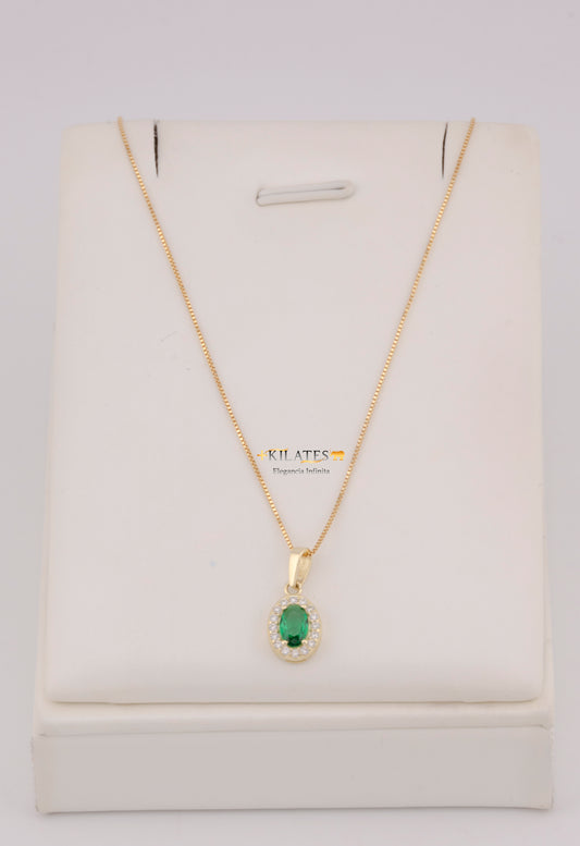 "CADENA DE 50CM PARA DAMA ESTILO FINITA CON DIJE OVALADO BLANCO CON VERDE. ORO 10K #775-3842"