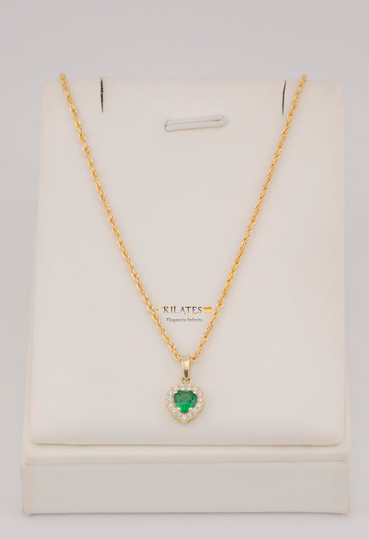 "CADENA DE 50CM PARA DAMA ESTILO LAZO CON DIJE DE CORAZON  BLANCO CON VERDE. ORO 10K #775-3828"