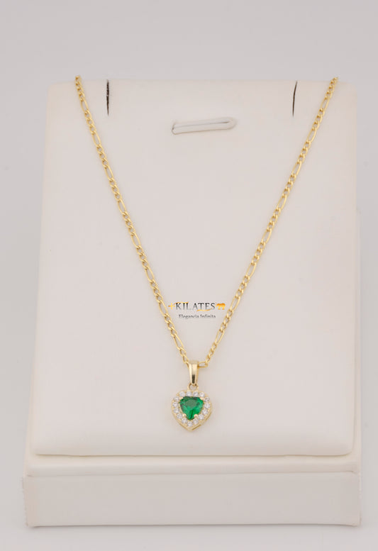 CADENA DE 50CM PARA DAMA ESTILO 3+1 CON DIJE DE CORAZON  BLANCO CON VERDE. ORO 10K #775-3829