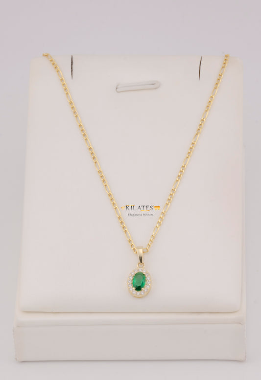 "CADENA DE 50CM PARA DAMA ESTILO 3+1 CON DIJE OVALADO BLANCO CON VERDE. ORO 10K #775-3844"