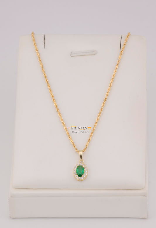 "CADENA DE 50CM PARA DAMA ESTILO LAZO CON DIJE OVALADO BLANCO CON VERDE. ORO 10K #775-3843"