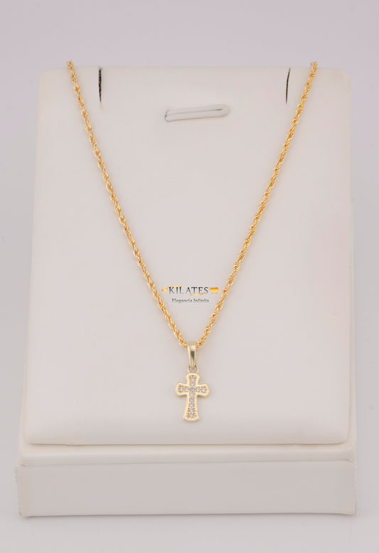 "CADENA DE 50CM PARA DAMA ESTILO LAZO CON DIJE DE CRUZ CON ZIRCONIA BLANCA. ORO 10K #775-3848"