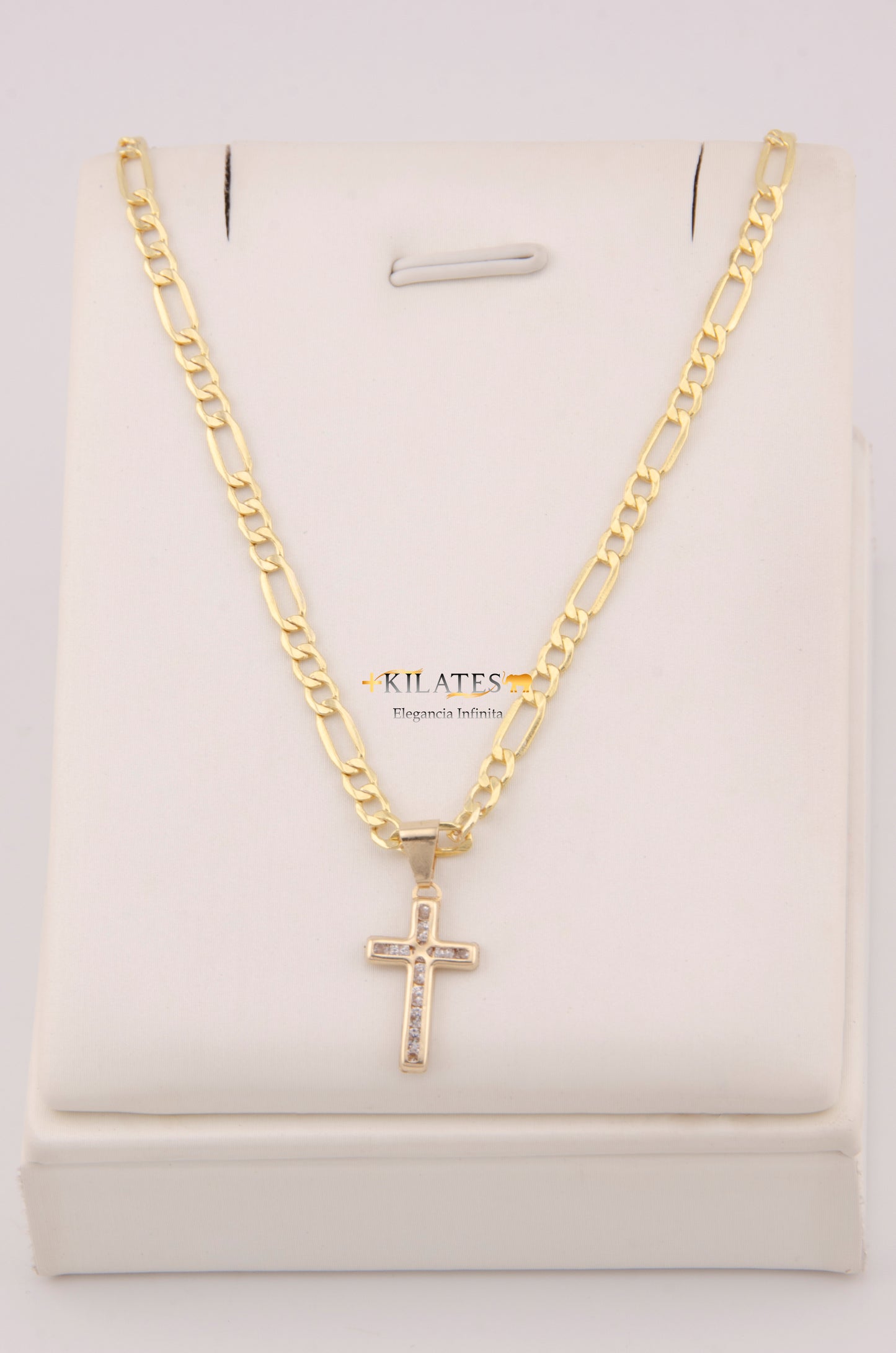 "CADENA PARA NIÑ@ DE 40CM ESTILO 3+1 CON DIJE DE CRUZ CON ZIRCONIA BLANCA. ORO 10K #775-3871"