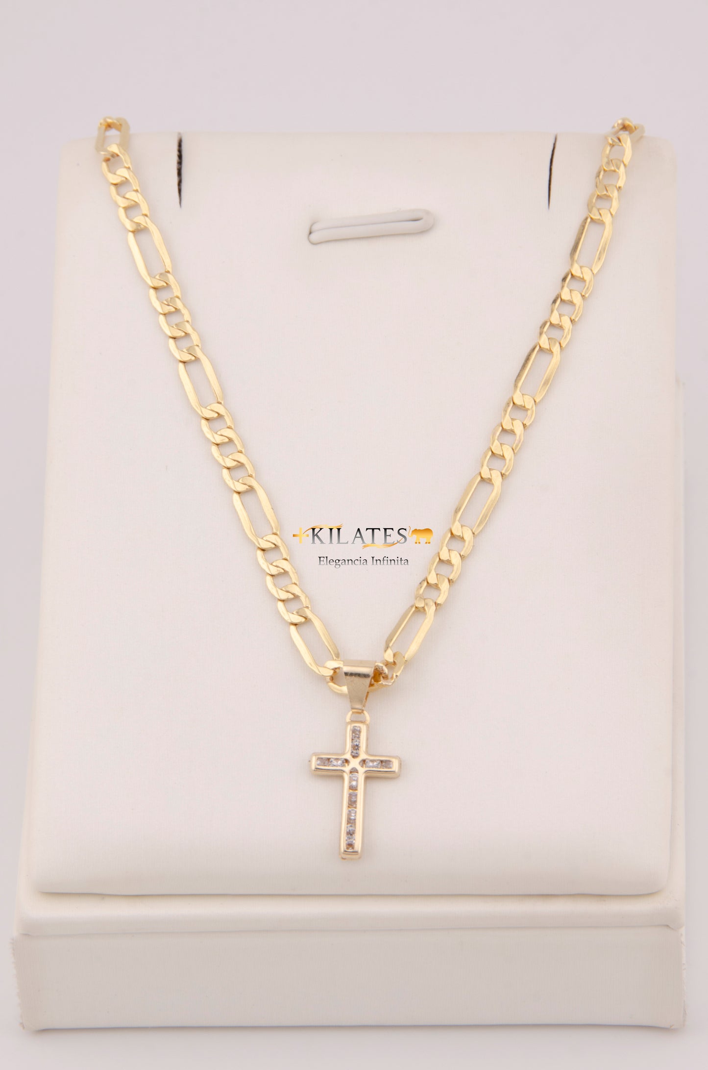 "CADENA PARA NIÑ@ DE 40CM ESTILO 3+1 CON DIJE DE  CRUZ CON ZIRCONIA BLANCA. ORO 10K #775-3878"