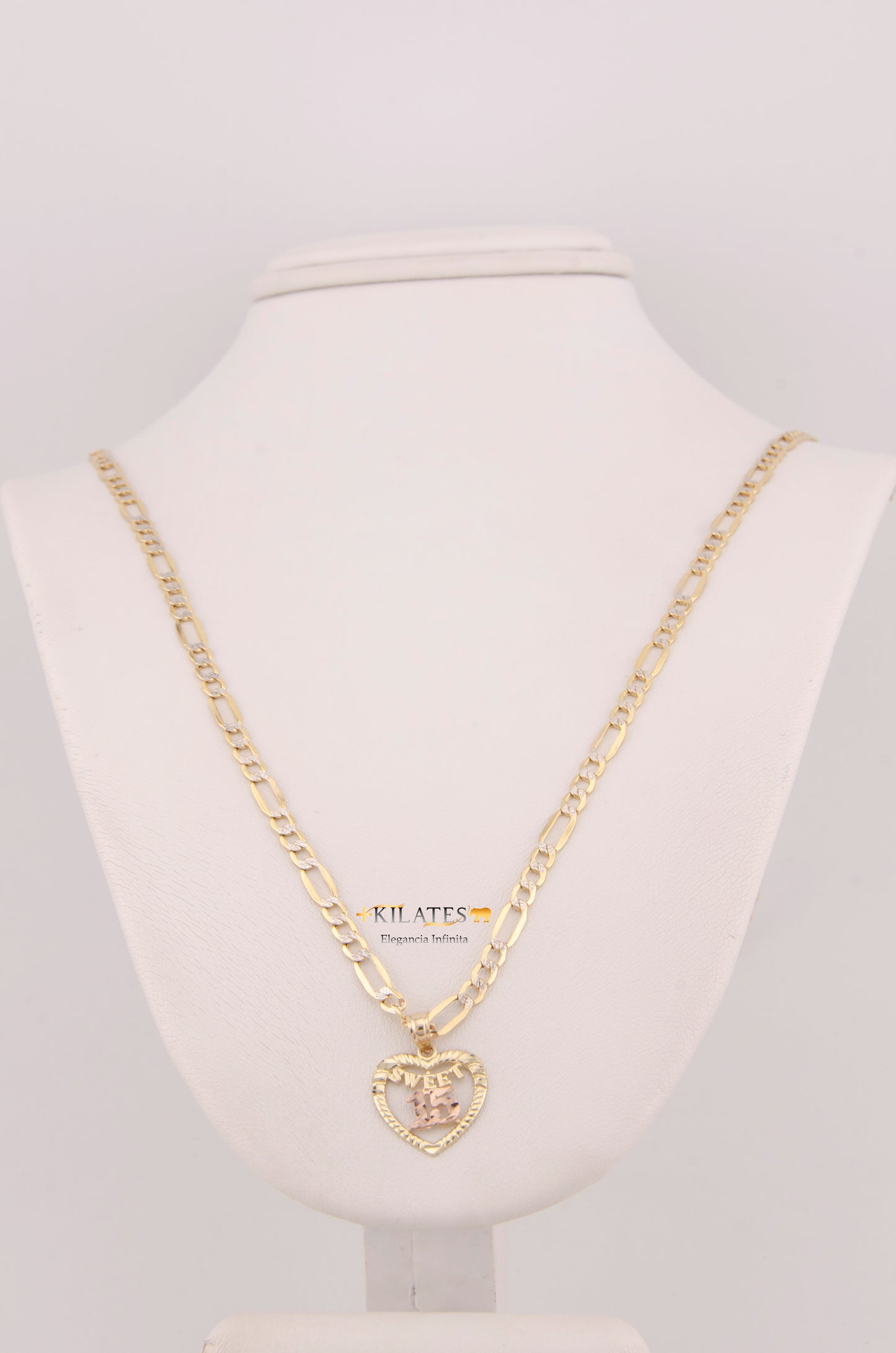 "CADENA DE 50CM PARA DAMA ESTILO 3+1 DIAMANTADA CON DIJE DE 15 AÑOS. ORO 10K #775-3894"