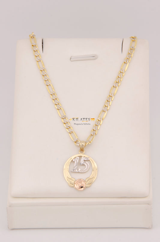 "CADENA DE 50CM PARA DAMA ESTILO 3+1 DIAMANTADA CON DIJE DE 15 AÑOS. ORO 10K #775-3895"