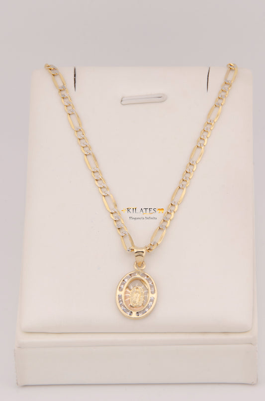"CADENA DE 50CM PARA DAMA ESTILO 3+1 DIAMANTADA CON DIJE OVALADO DE LA VIRGEN JESUCRISTO.  ORO 10K #775-3898"