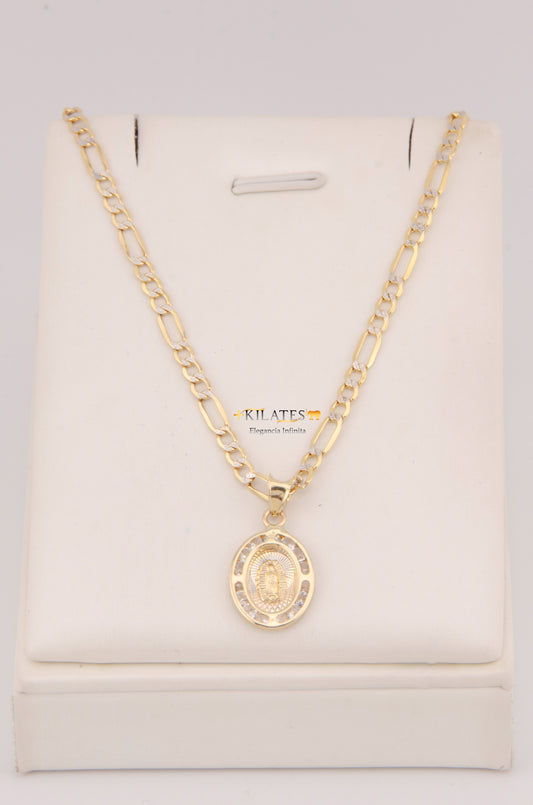 "CADENA DE 50CM PARA DAMA ESTILO 3+1 DIAMANTADA CON DIJE OVALADO DE LA VIRGEN JESUCRISTO.  ORO 10K #775-3899"
