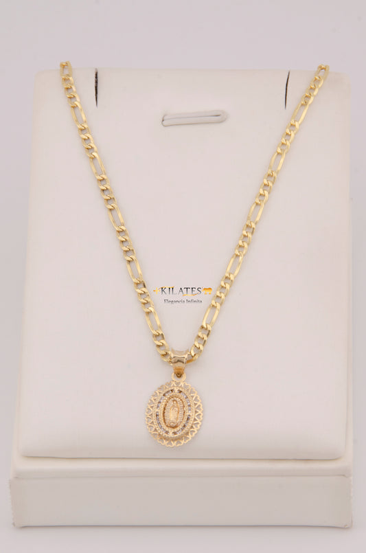 CADENA DE 50CM PARA DAMA ESTILO 3+1 CON PLACA DE LA VIRGEN. ORO 10K #775-3906