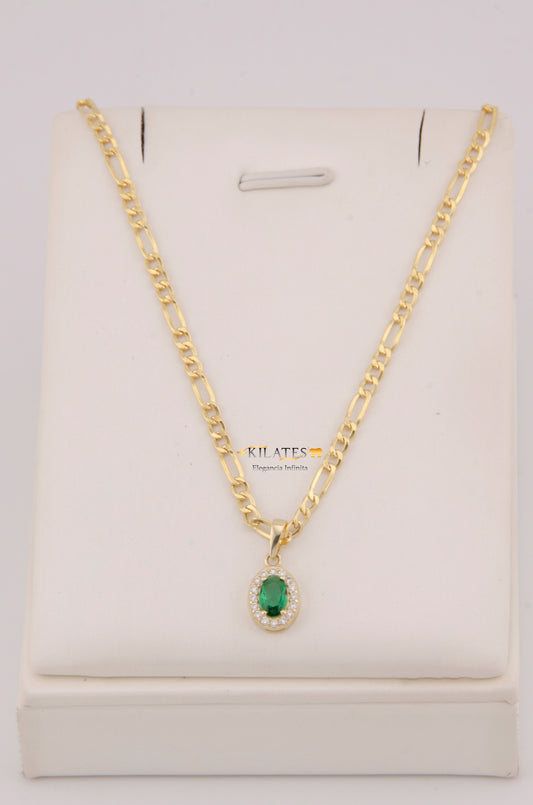 "CADENA DE 50CM PARA DAMA ESTILO 3+1 CON DIJE OVALADO BLANCO CON VERDE. ORO 10K #775-3909"