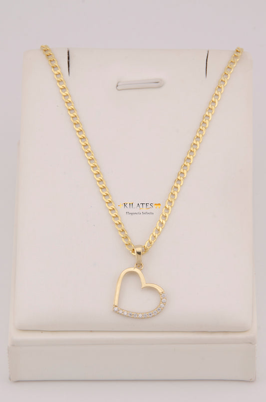 "CADENA DE 50CM PARA DAMA ESTILO  CUBANA CON DIJE DE CORAZON CON ZIRCONIA BLANCA. ORO 10K #775-3913"