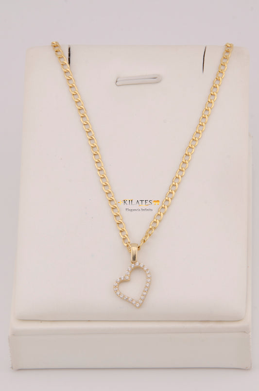 "CADENA DE 50CM PARA DAMA ESTILO  CUBANA CON DIJE DE CORAZON CON ZIRCONIA BLANCA. ORO 10K #775-3915"
