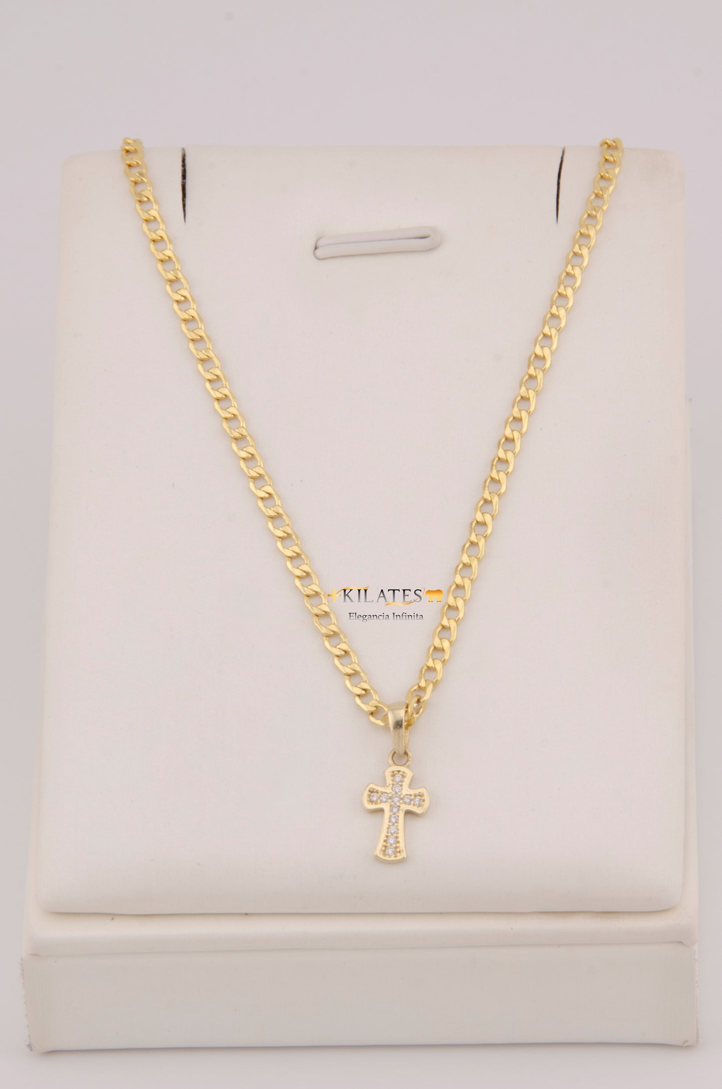 "CADENA DE 50CM PARA DAMA ESTILO  CUBANA CON DIJE DE CRUZ CON ZIRCONIA BLANCA. ORO 10K #775-3917"