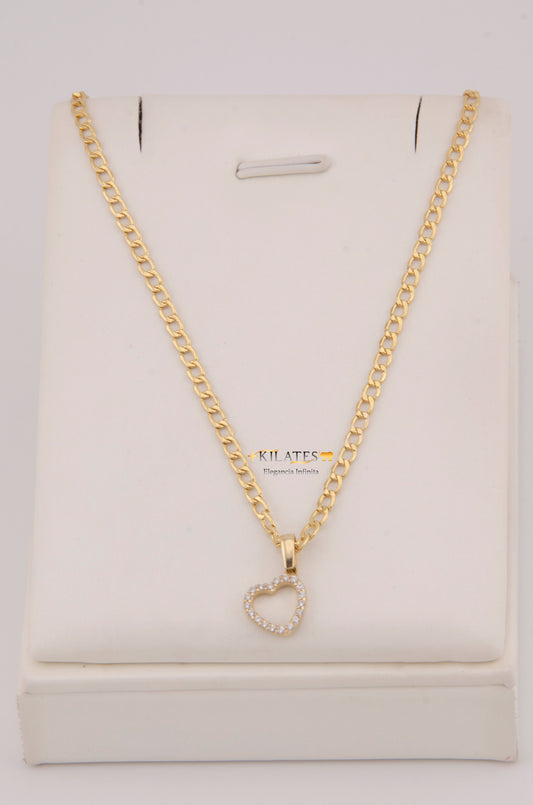 "CADENA DE 50CM PARA DAMA ESTILO  CUBANA CON DIJE DE CORAZON CON ZIRCONIA BLANCA. ORO 10K #775-3918"