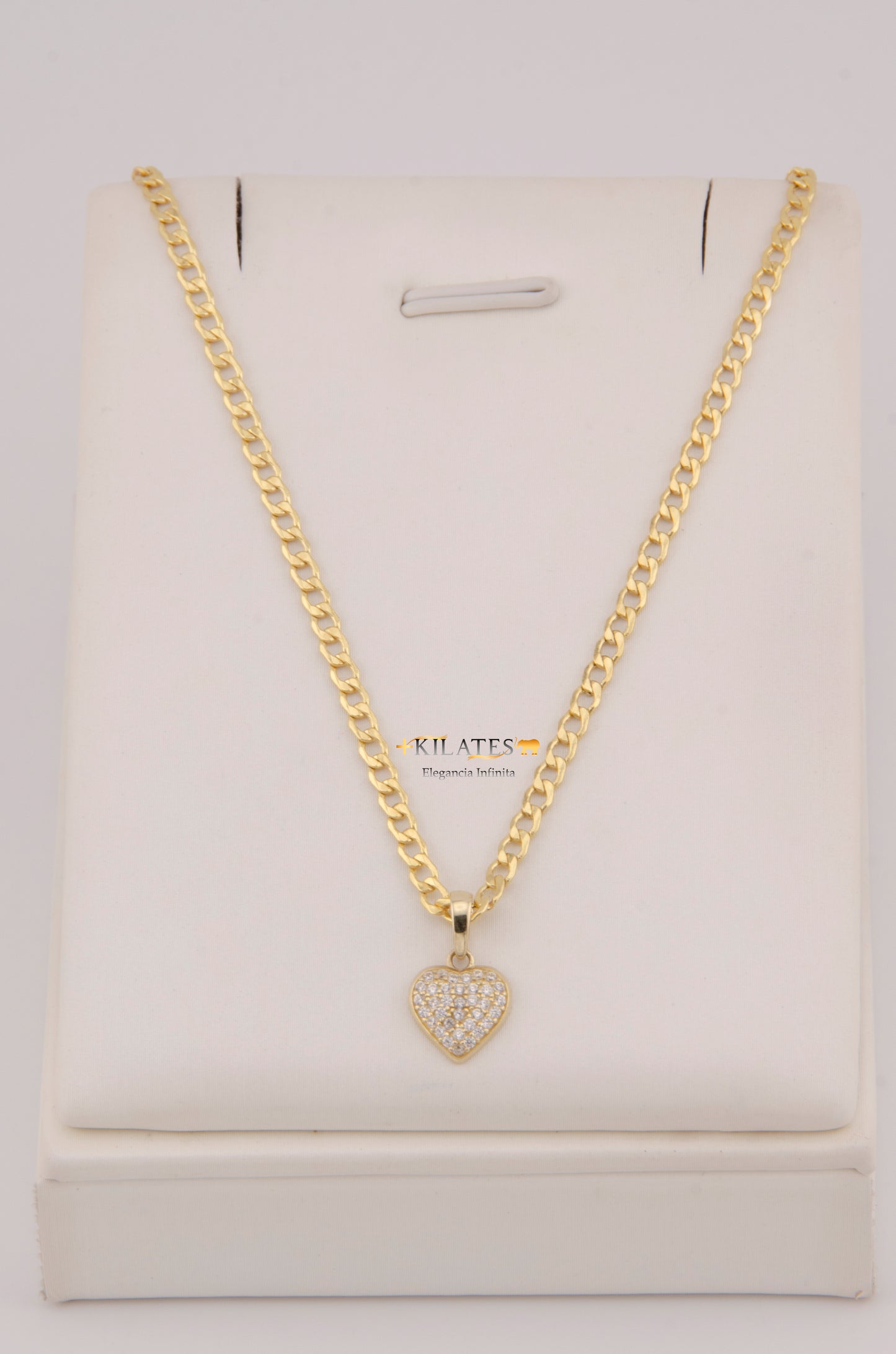 "CADENA DE 50CM PARA DAMA ESTILO  CUBANA CON DIJE DE CORAZON CON ZIRCONIA BLANCA. ORO 10K #775-3920"