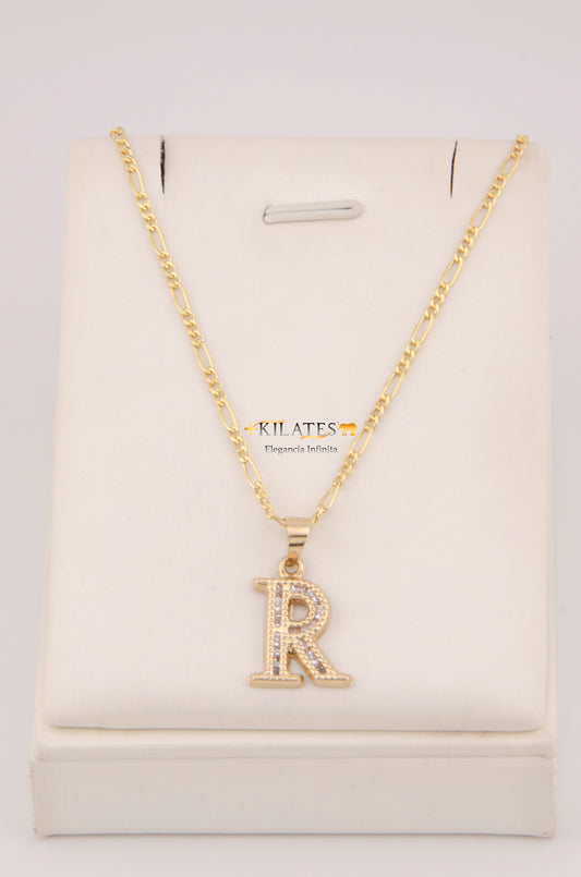 " CADENA DE 50CM PARA DAMA ESTILO 3+1 CON INICIAL R Y ZIRCONIAS BLANCAS . ORO 10K #775-3924"
