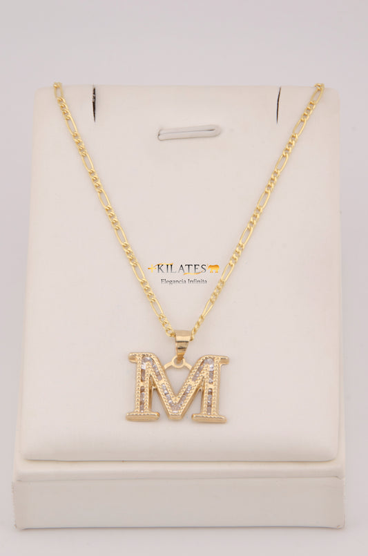 " CADENA DE 50CM PARA DAMA ESTILO 3+1 CON INICIAL M Y ZIRCONIAS BLANCAS . ORO 10K #775-3926"