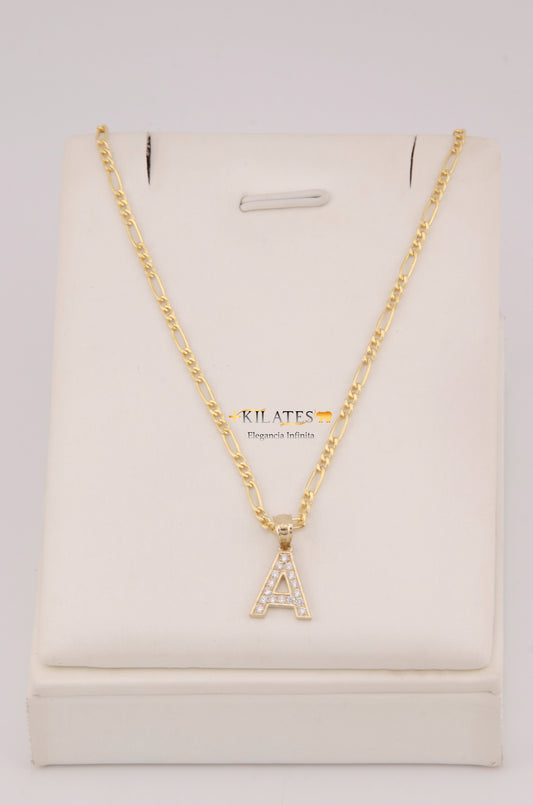 " CADENA DE 50CM PARA DAMA ESTILO 3+1 CON INICIAL A Y ZIRCONIAS BLANCAS . ORO 10K #775-3929"