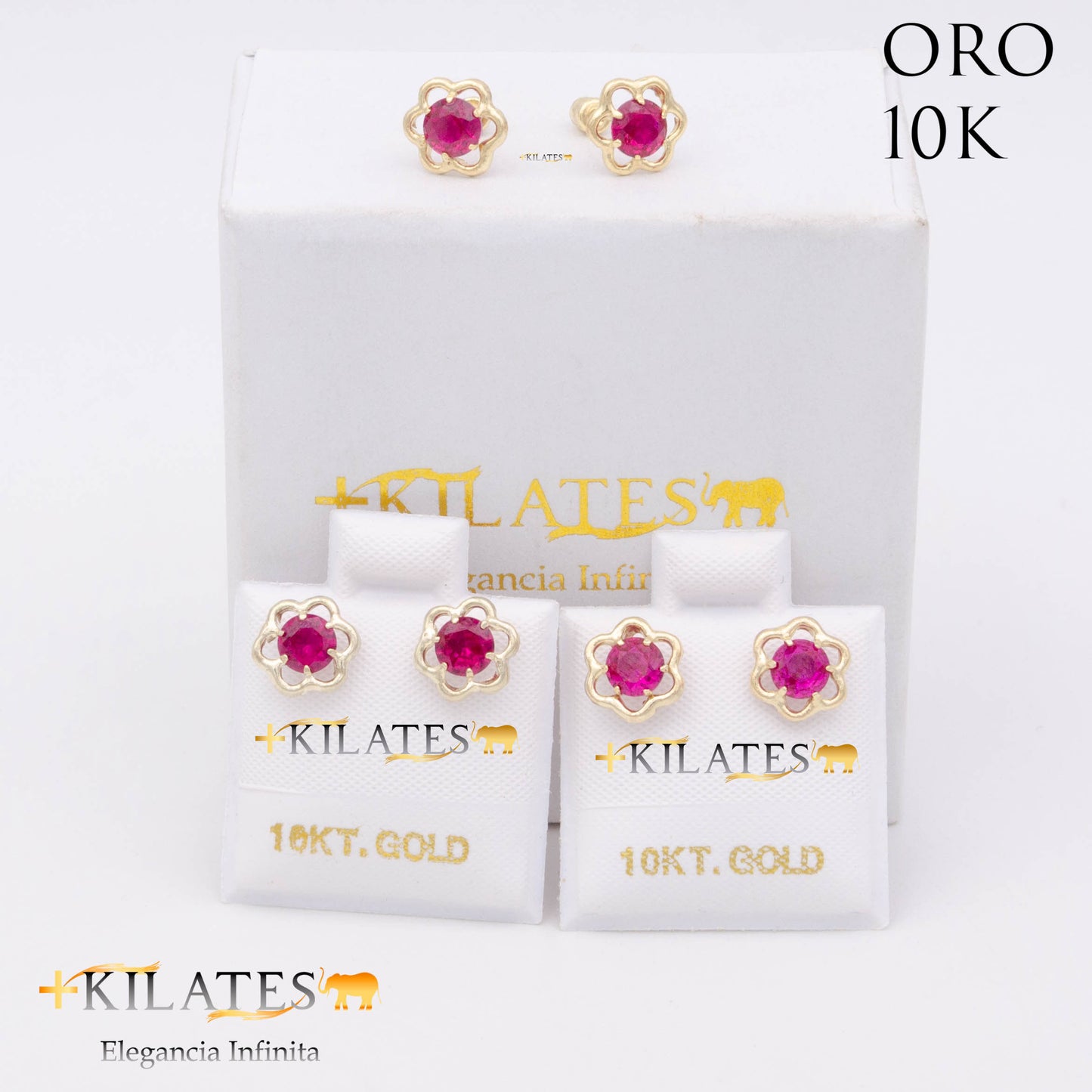 ARETES PREMIUM GARDENIA ROJO RUBÍ MEDIANO. ORO 10K