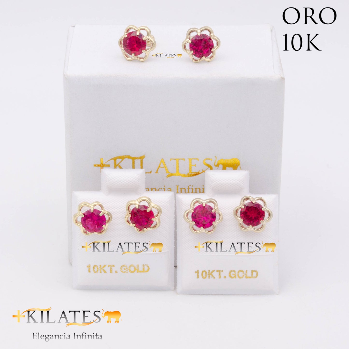 ARETES PREMIUM GARDENIA ROJO RUBÍ GRANDE. ORO 10K