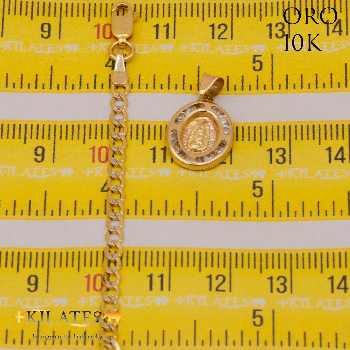 CADENA 50 CM ESTILO CUBANA DIAMTANDA CON DIJE DE LA VIRGEN. ORO DE 10 KILATES