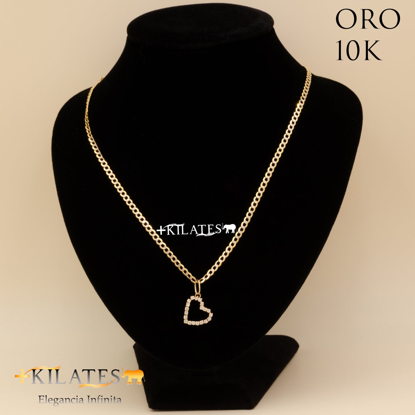 CADENA 50 CM ESTILO CUBANA DIAMTANDA CON DIJE DE CORAZON. ORO DE 10 KILATES