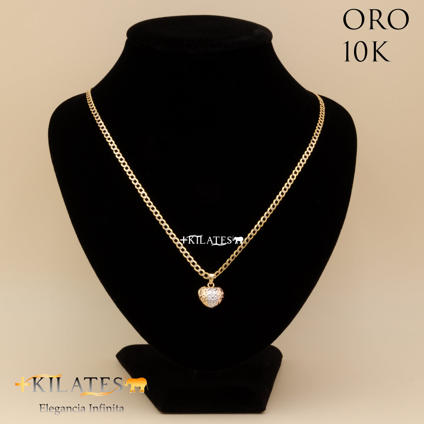 CADENA 50 CM ESTILO CUBANA DIAMTANDA CON DIJE DE CORAZON. ORO DE 10 KILATES