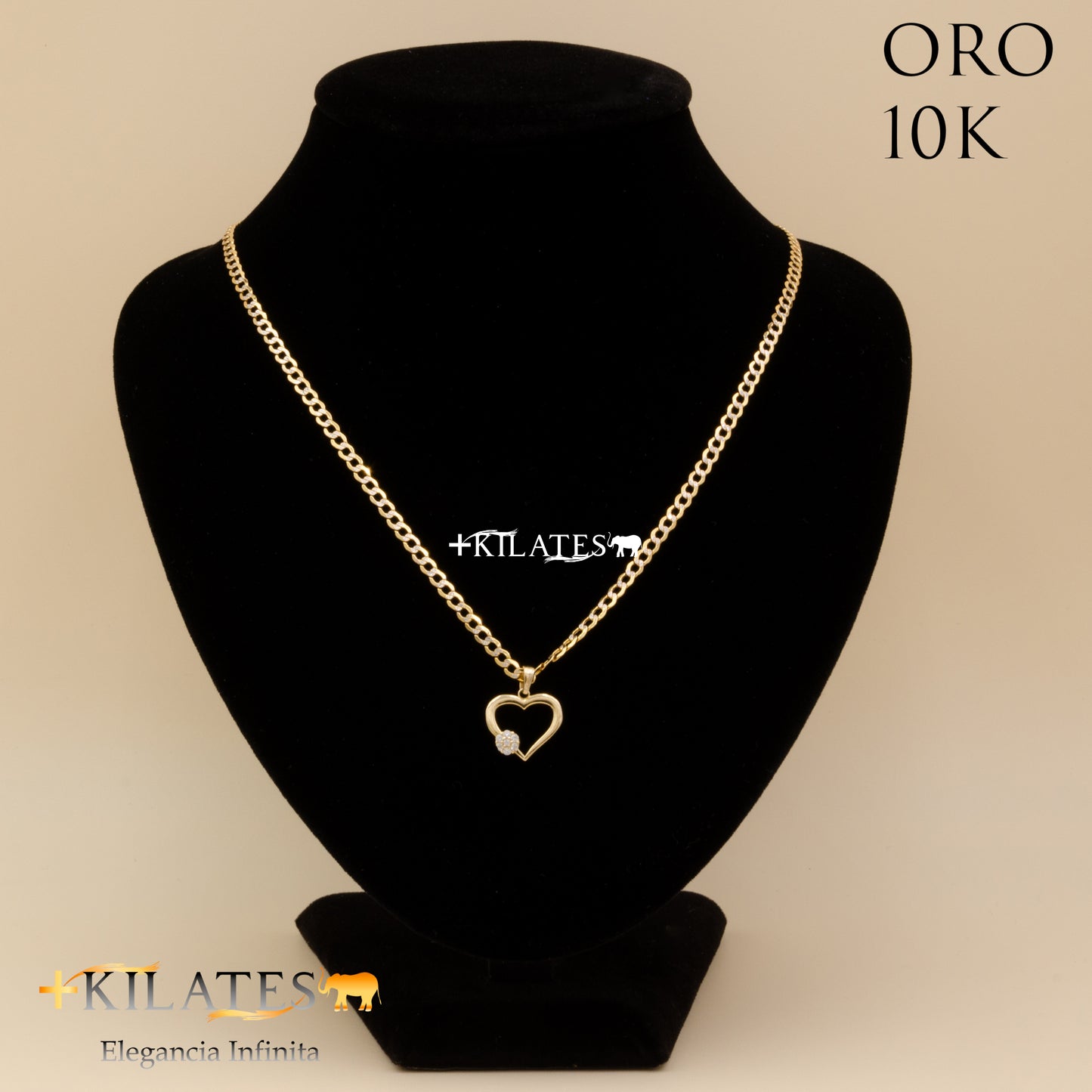 CADENA 50 CM ESTILO CUBANA DIAMTANDA CON DIJE DE CORAZON. ORO DE 10 KILATES