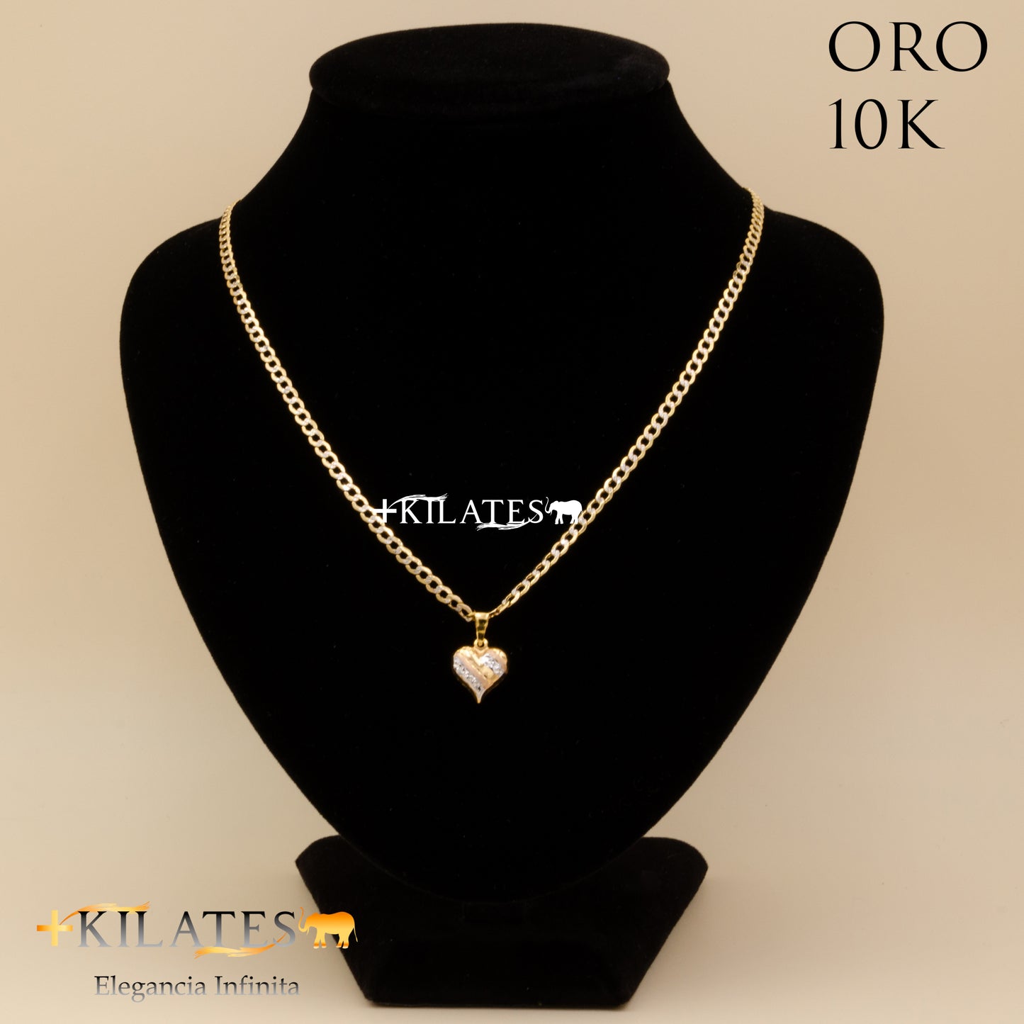 CADENA 50 CM ESTILO CUBANA DIAMTANDA CON DIJE DE CORAZON. ORO DE 10 KILATES