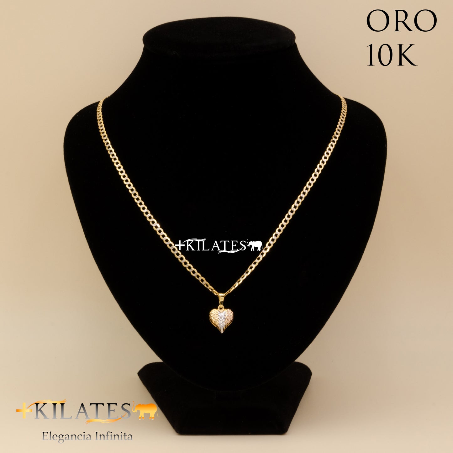 CADENA 50 CM ESTILO CUBANA DIAMTANDA CON DIJE DE CORAZON. ORO DE 10 KILATES