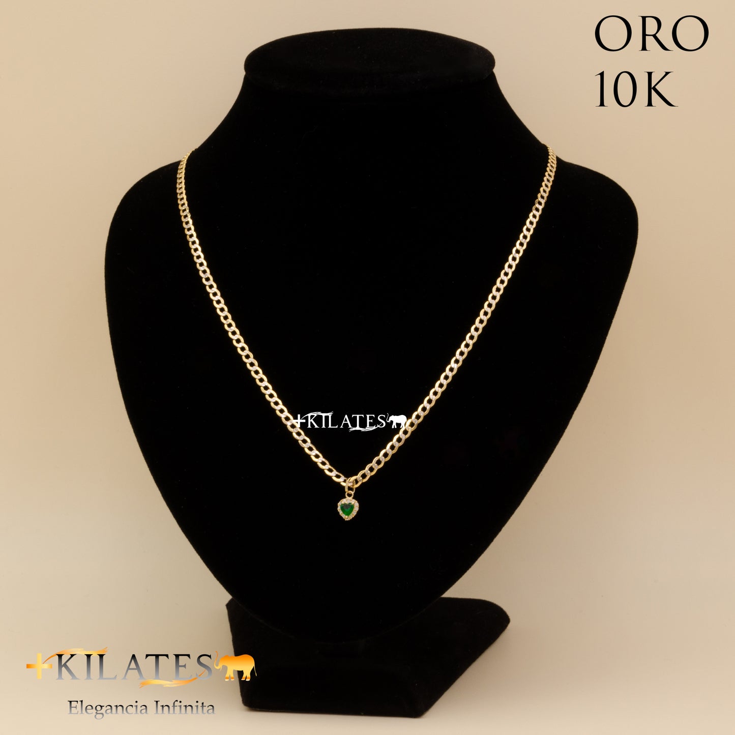 CADENA 50 CM ESTILO CUBANA DIAMTANDA CON DIJE DE CORAZON. ORO DE 10 KILATES