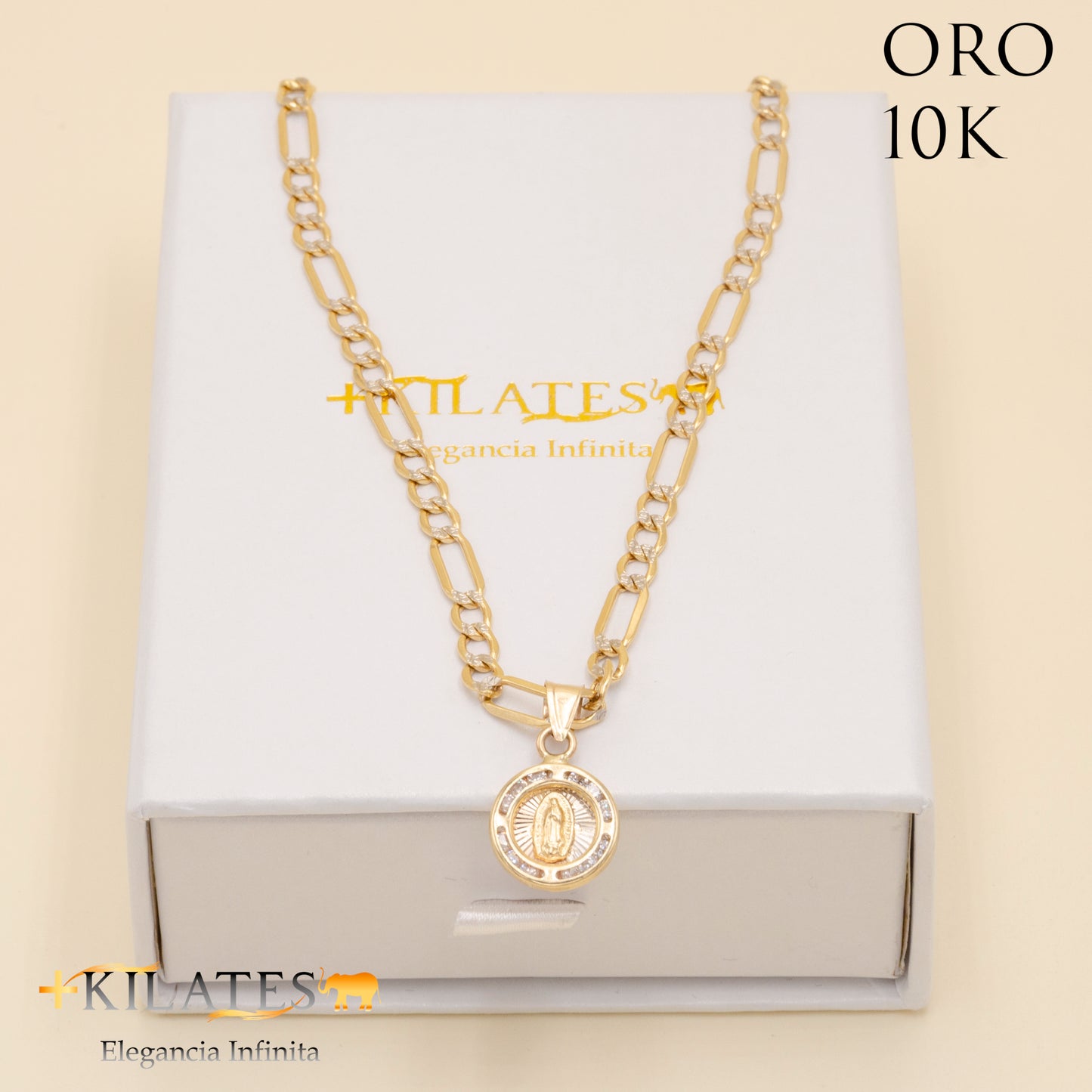 "CADENA 40 CM ESTILO 3+1 DIAMANTADA CON DIJE DE LA VIRGEN. ORO DE 10 KILATES #775-1264"