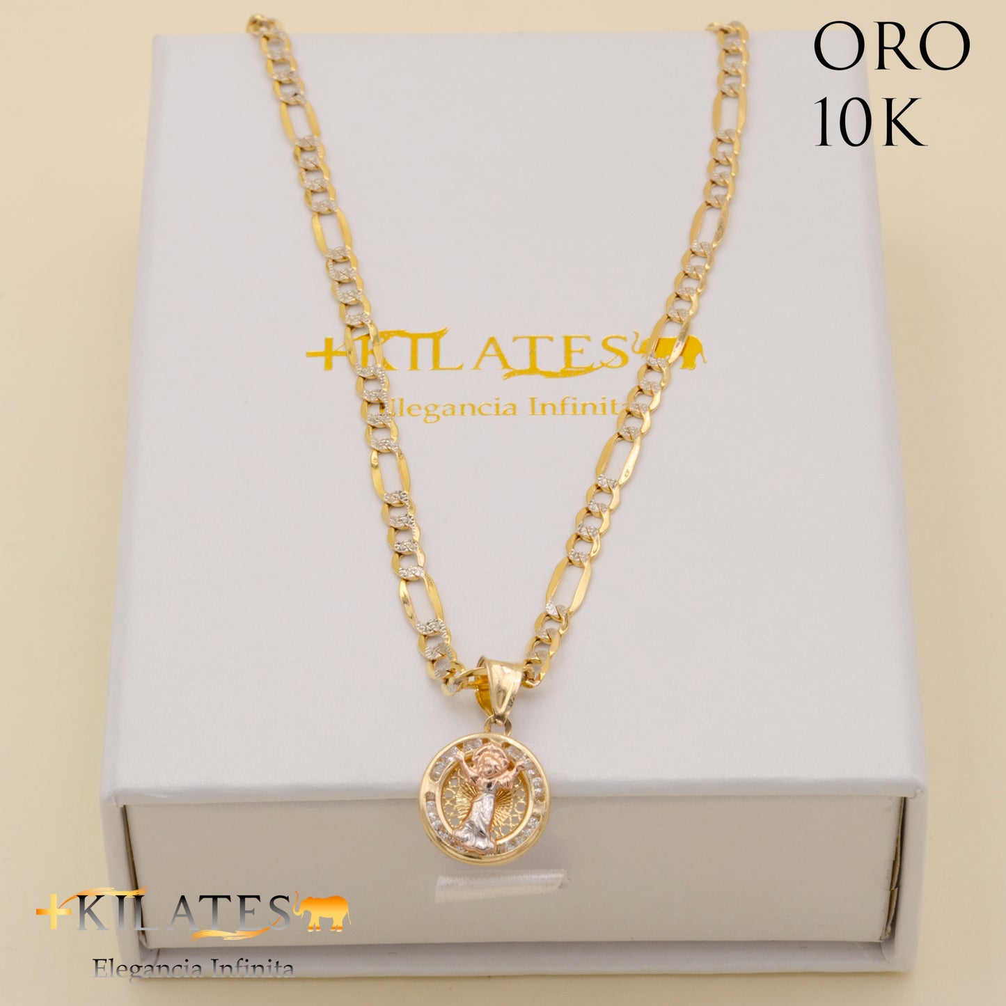 "CADENA 40 CM ESTILO 3+1 DIAMANTADA CON DIJE DE DIVINO NIÑO. ORO DE 10 KILATES #775-1283"