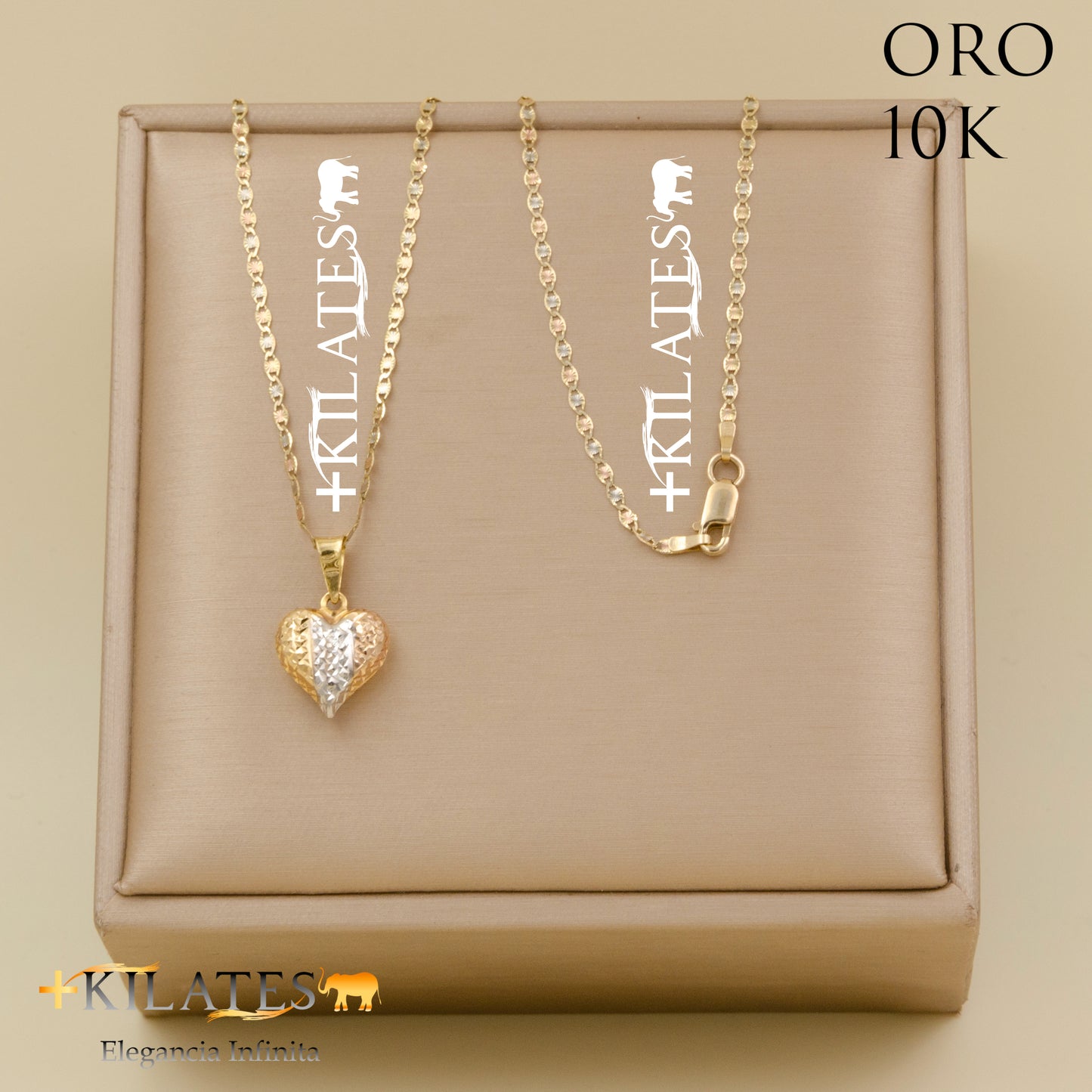 "CADENA 50 CM ESTILO 3 OROS CON DIJE DE CORAZON. ORO DE 10 KILATES #775-1535"