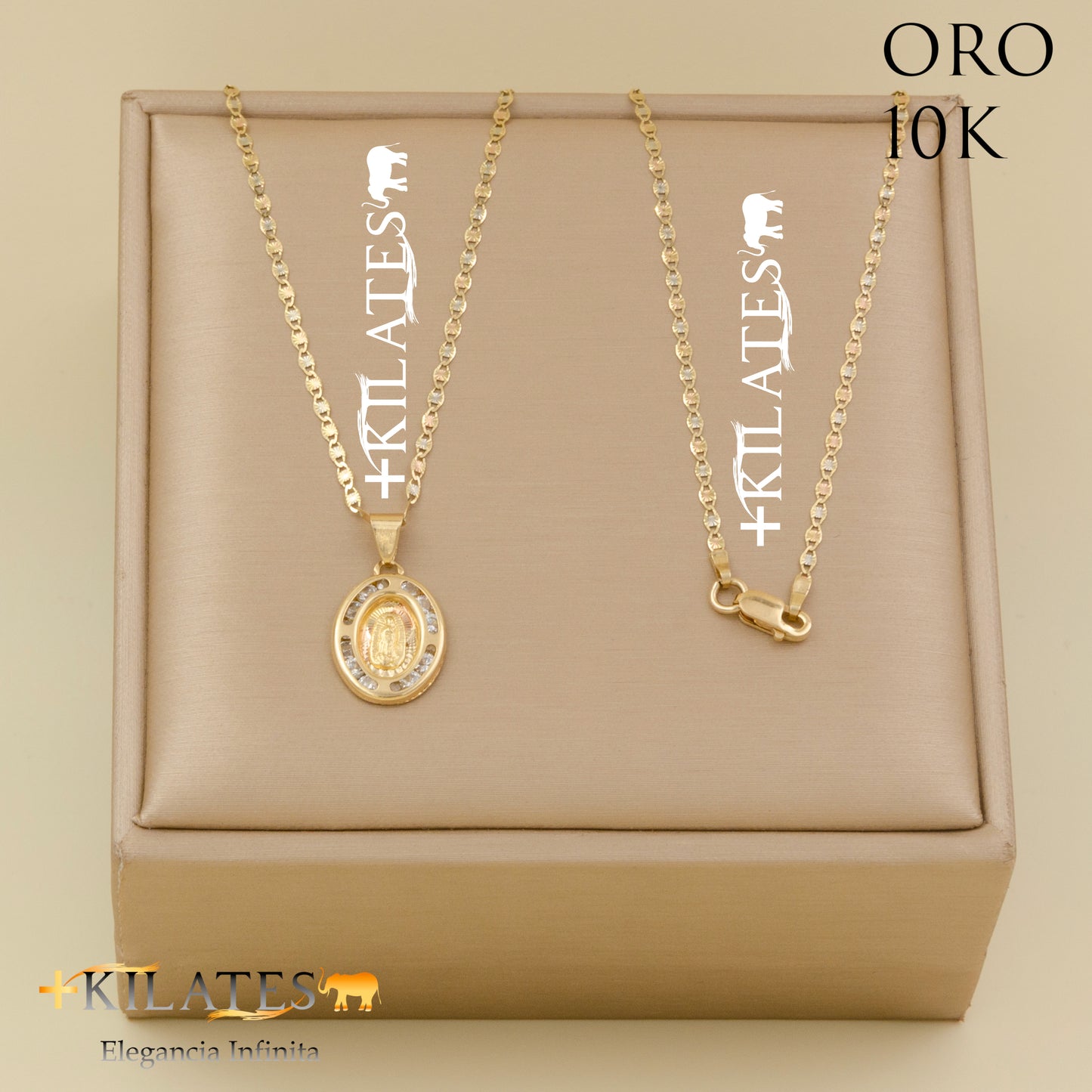 "CADENA 50 CM ESTILO 3 OROS CON DIJE DE LA VIRGEN. ORO DE 10 KILATES #775-1559"