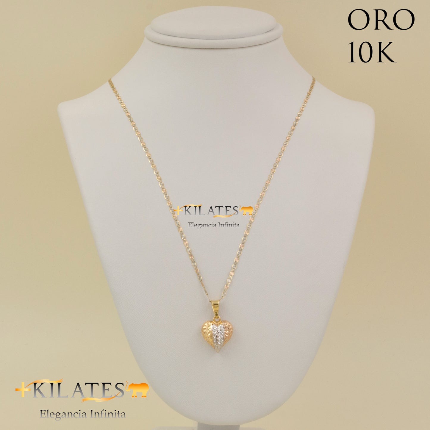 "CADENA 50 CM ESTILO 3 OROS CON DIJE DE CORAZON. ORO DE 10 KILATES #775-1535"