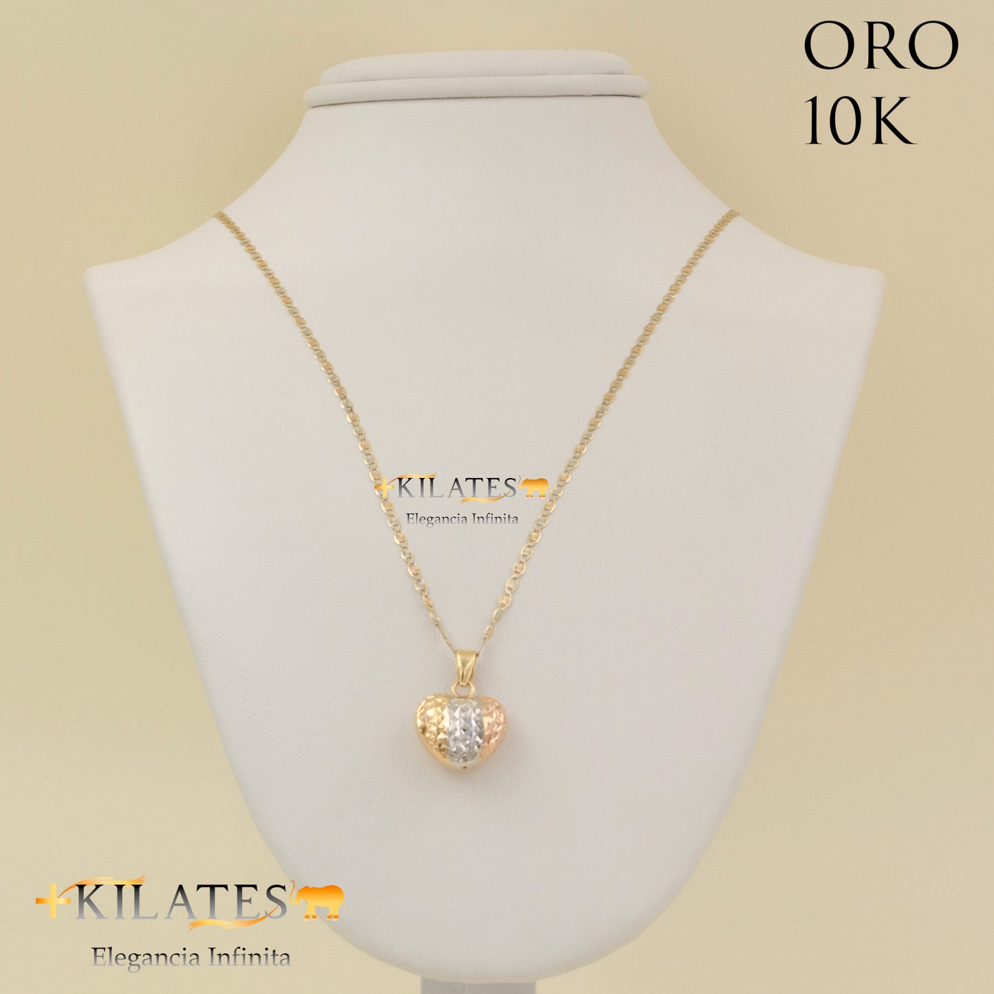 "CADENA 50 CM ESTILO 3 OROS  CON DIJE DE CORAZON. ORO DE 10 KILATES #775-1539"